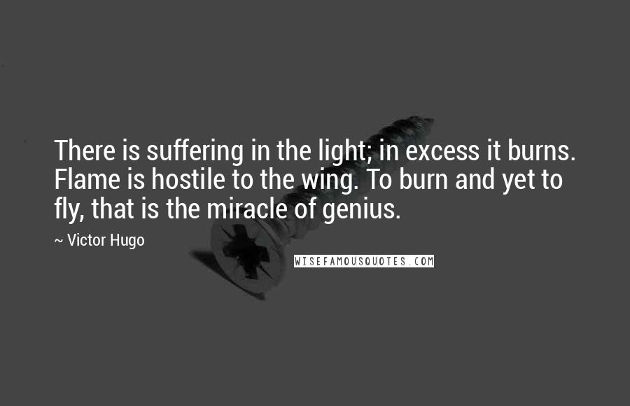 Victor Hugo Quotes: There is suffering in the light; in excess it burns. Flame is hostile to the wing. To burn and yet to fly, that is the miracle of genius.