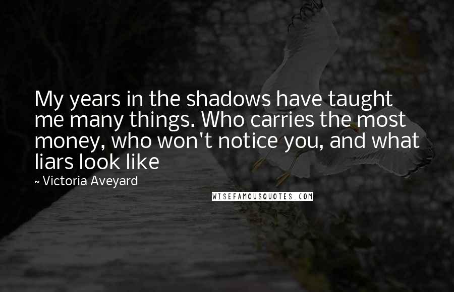 Victoria Aveyard Quotes: My years in the shadows have taught me many things. Who carries the most money, who won't notice you, and what liars look like