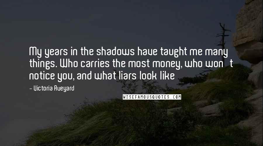 Victoria Aveyard Quotes: My years in the shadows have taught me many things. Who carries the most money, who won't notice you, and what liars look like