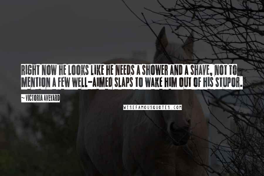 Victoria Aveyard Quotes: Right now he looks like he needs a shower and a shave, not to mention a few well-aimed slaps to wake him out of his stupor.