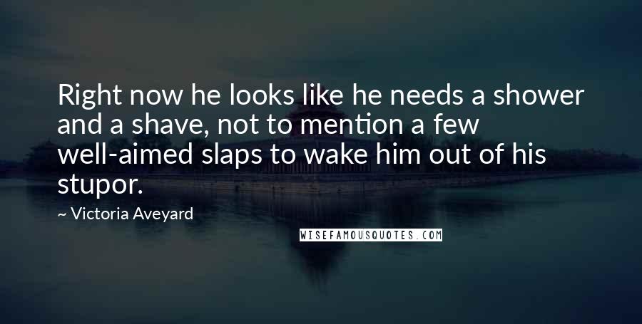 Victoria Aveyard Quotes: Right now he looks like he needs a shower and a shave, not to mention a few well-aimed slaps to wake him out of his stupor.