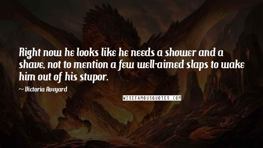 Victoria Aveyard Quotes: Right now he looks like he needs a shower and a shave, not to mention a few well-aimed slaps to wake him out of his stupor.