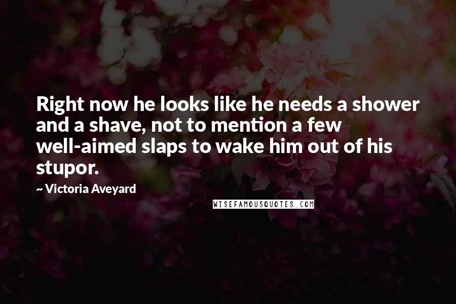 Victoria Aveyard Quotes: Right now he looks like he needs a shower and a shave, not to mention a few well-aimed slaps to wake him out of his stupor.