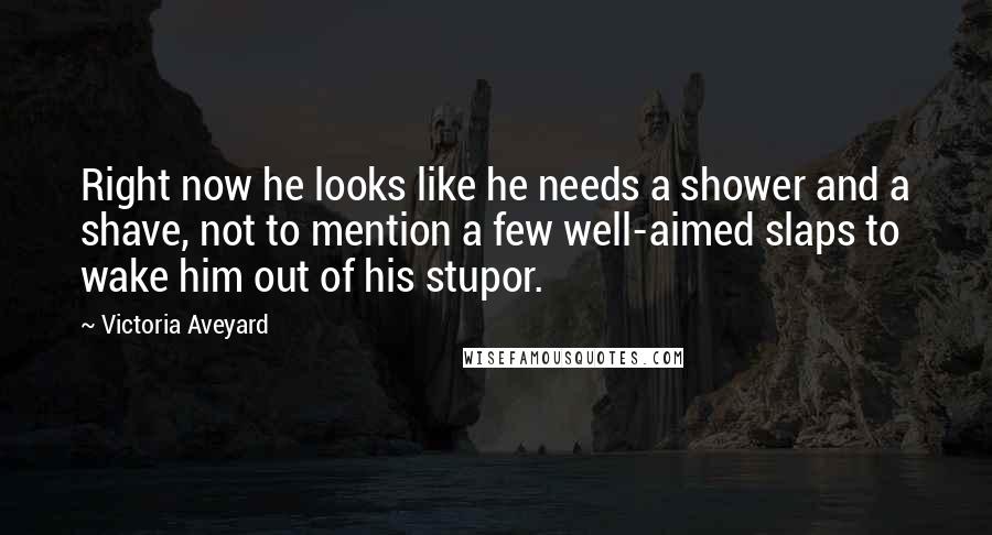 Victoria Aveyard Quotes: Right now he looks like he needs a shower and a shave, not to mention a few well-aimed slaps to wake him out of his stupor.