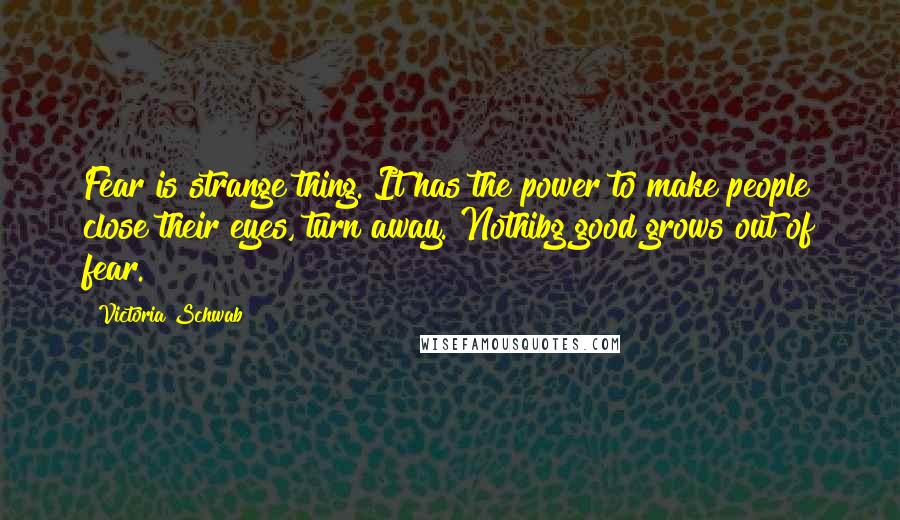 Victoria Schwab Quotes: Fear is strange thing. It has the power to make people close their eyes, turn away. Nothibg good grows out of fear.