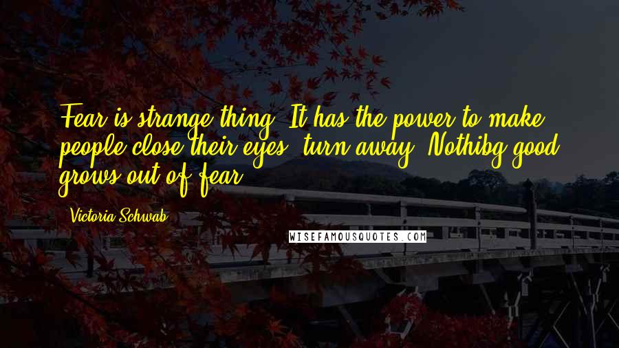 Victoria Schwab Quotes: Fear is strange thing. It has the power to make people close their eyes, turn away. Nothibg good grows out of fear.