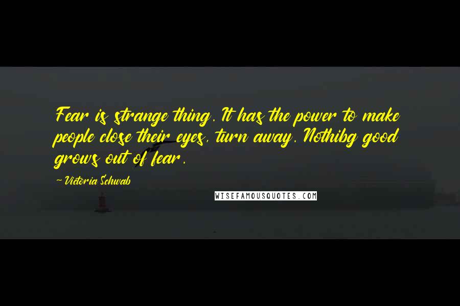 Victoria Schwab Quotes: Fear is strange thing. It has the power to make people close their eyes, turn away. Nothibg good grows out of fear.