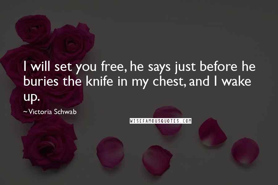 Victoria Schwab Quotes: I will set you free, he says just before he buries the knife in my chest, and I wake up.