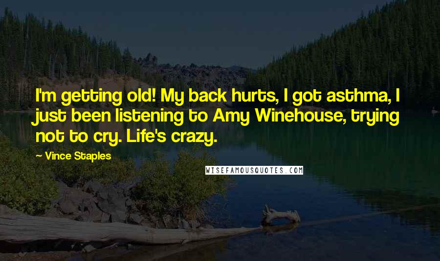 Vince Staples Quotes: I'm getting old! My back hurts, I got asthma, I just been listening to Amy Winehouse, trying not to cry. Life's crazy.