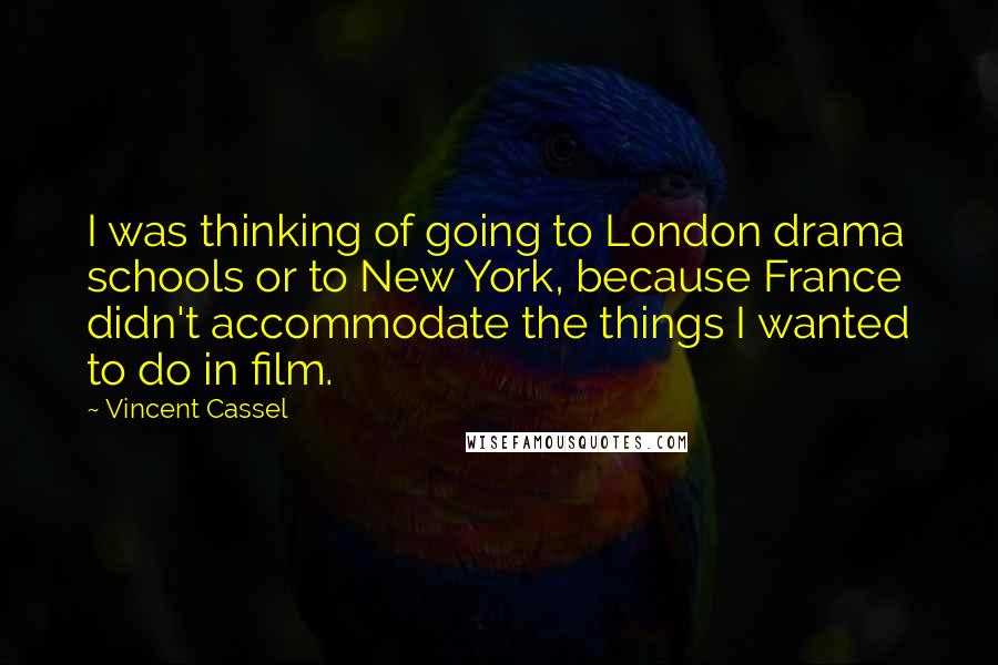 Vincent Cassel Quotes: I was thinking of going to London drama schools or to New York, because France didn't accommodate the things I wanted to do in film.