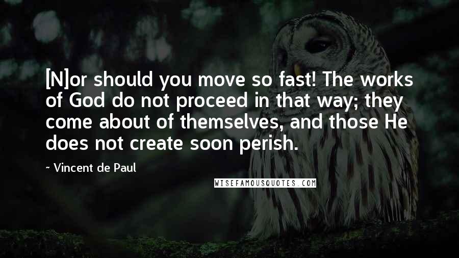 Vincent De Paul Quotes: [N]or should you move so fast! The works of God do not proceed in that way; they come about of themselves, and those He does not create soon perish.