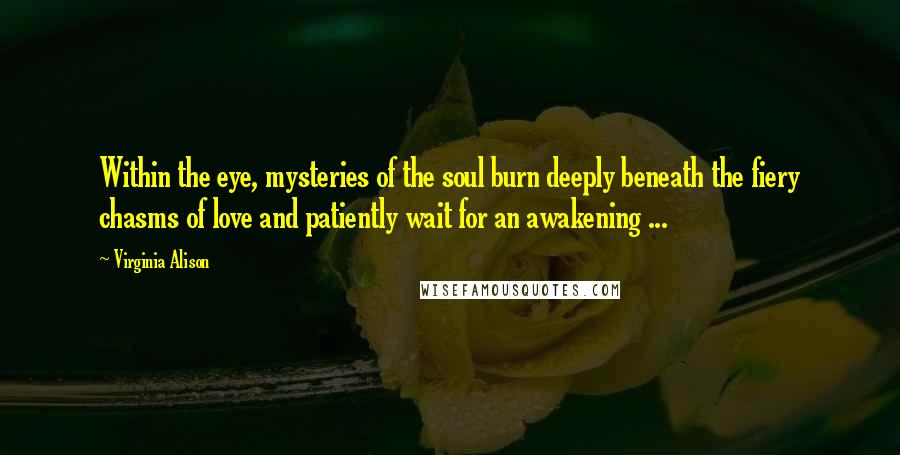 Virginia Alison Quotes: Within the eye, mysteries of the soul burn deeply beneath the fiery chasms of love and patiently wait for an awakening ...