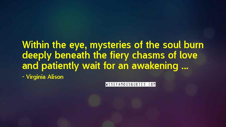 Virginia Alison Quotes: Within the eye, mysteries of the soul burn deeply beneath the fiery chasms of love and patiently wait for an awakening ...