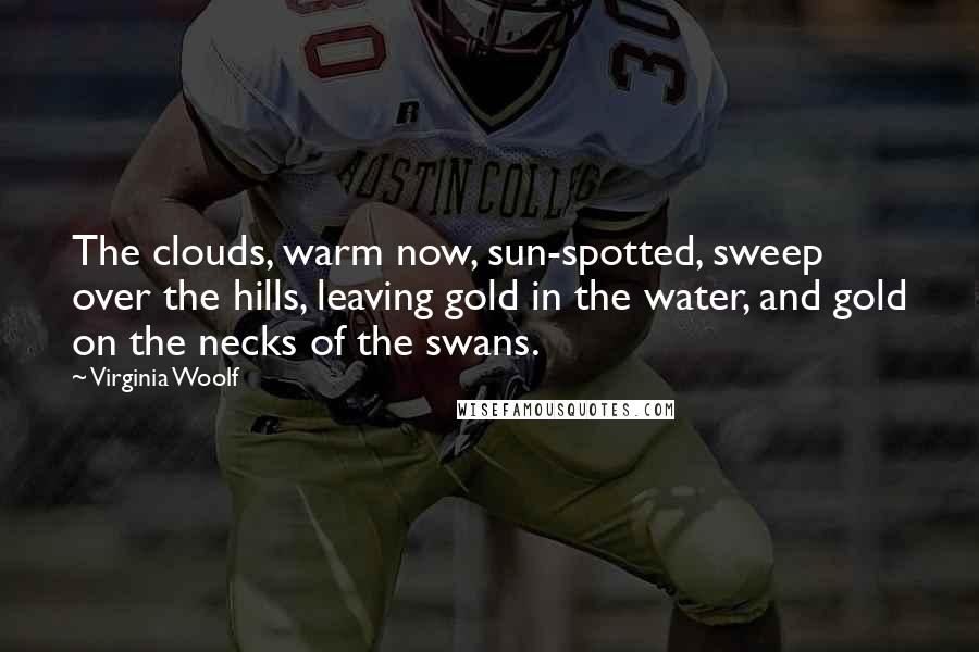 Virginia Woolf Quotes: The clouds, warm now, sun-spotted, sweep over the hills, leaving gold in the water, and gold on the necks of the swans.
