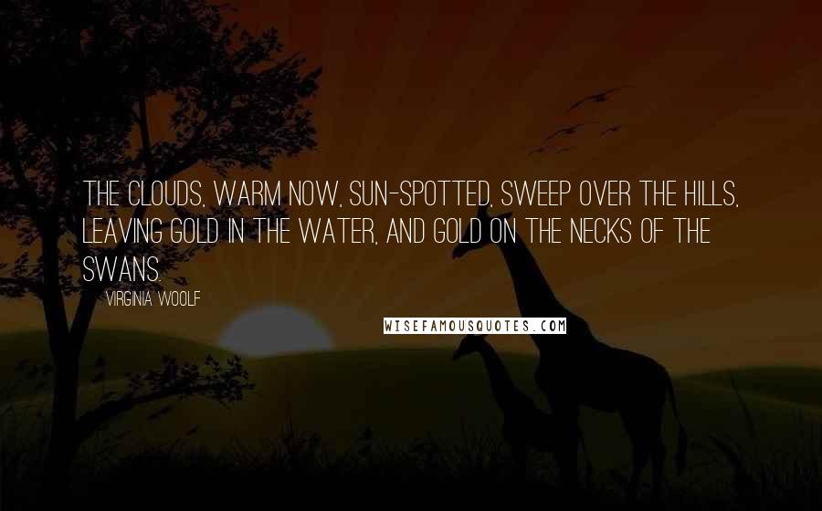 Virginia Woolf Quotes: The clouds, warm now, sun-spotted, sweep over the hills, leaving gold in the water, and gold on the necks of the swans.