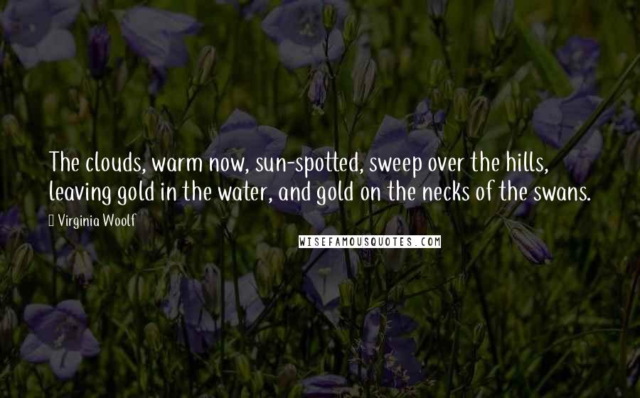 Virginia Woolf Quotes: The clouds, warm now, sun-spotted, sweep over the hills, leaving gold in the water, and gold on the necks of the swans.