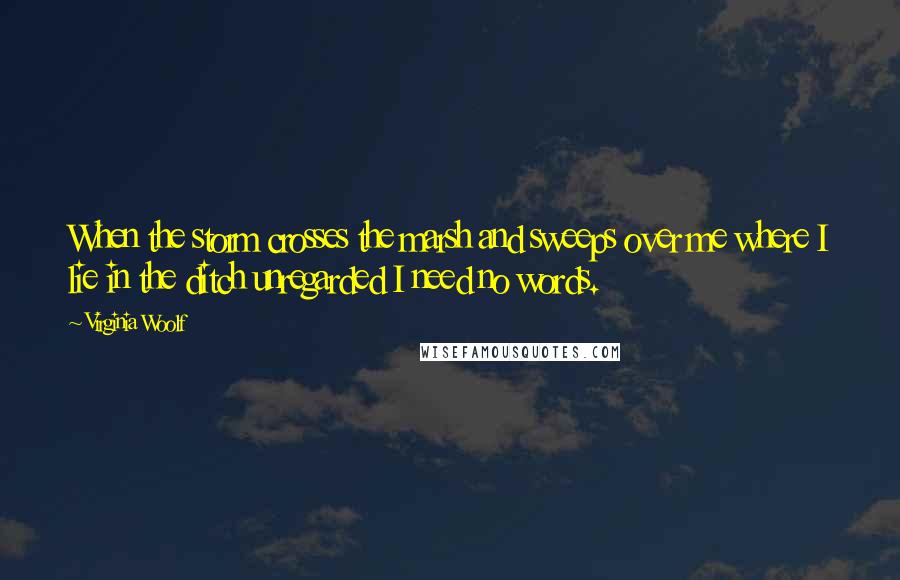 Virginia Woolf Quotes: When the storm crosses the marsh and sweeps over me where I lie in the ditch unregarded I need no words.