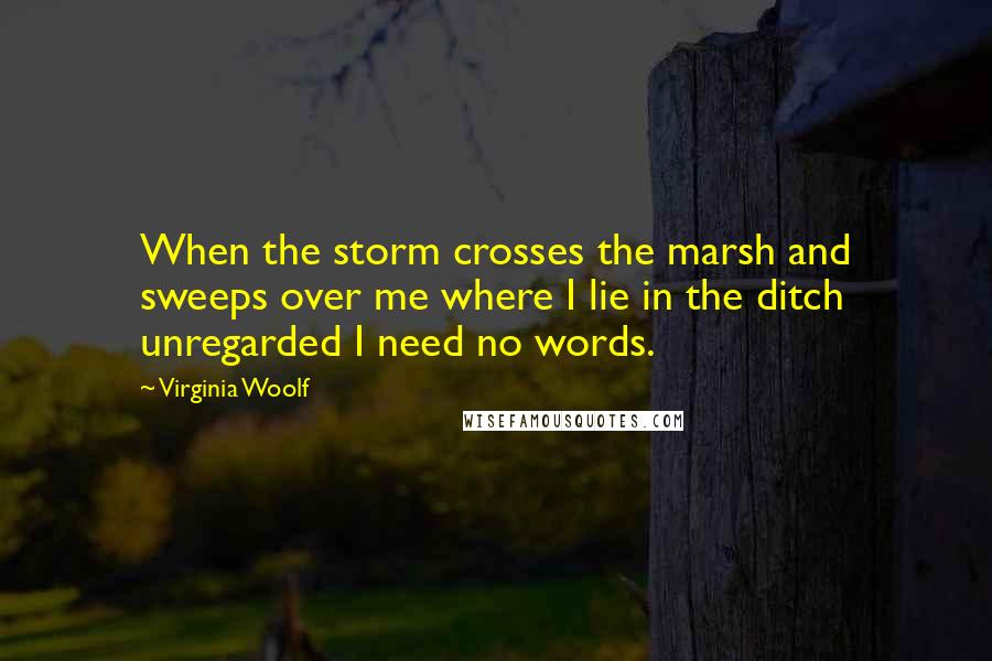 Virginia Woolf Quotes: When the storm crosses the marsh and sweeps over me where I lie in the ditch unregarded I need no words.