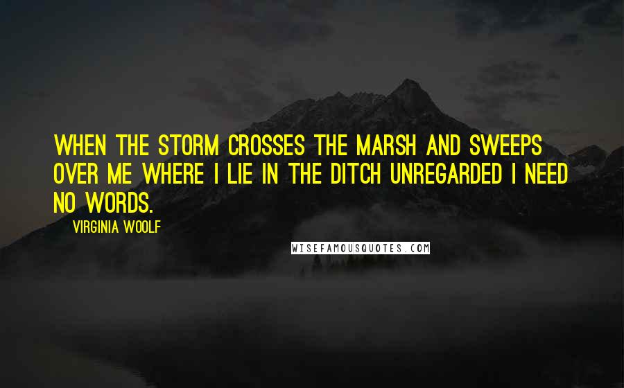 Virginia Woolf Quotes: When the storm crosses the marsh and sweeps over me where I lie in the ditch unregarded I need no words.