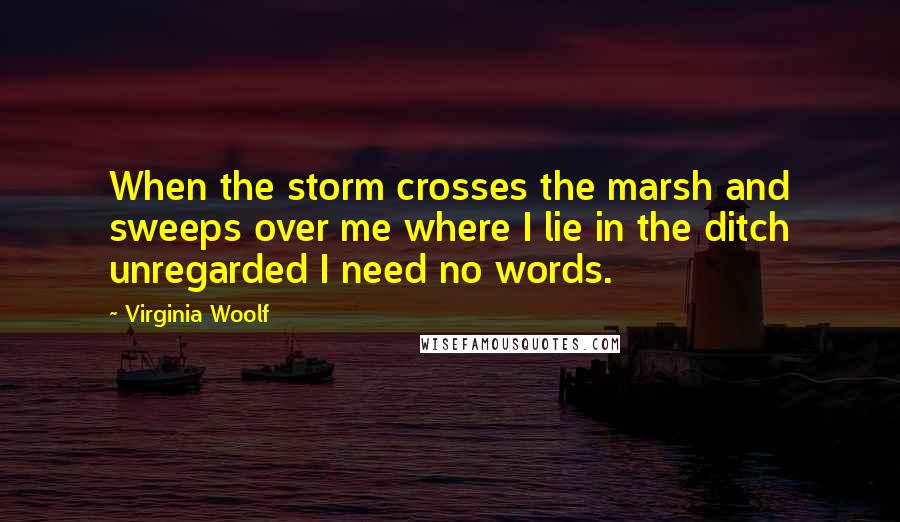 Virginia Woolf Quotes: When the storm crosses the marsh and sweeps over me where I lie in the ditch unregarded I need no words.