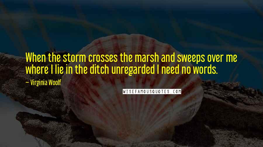 Virginia Woolf Quotes: When the storm crosses the marsh and sweeps over me where I lie in the ditch unregarded I need no words.