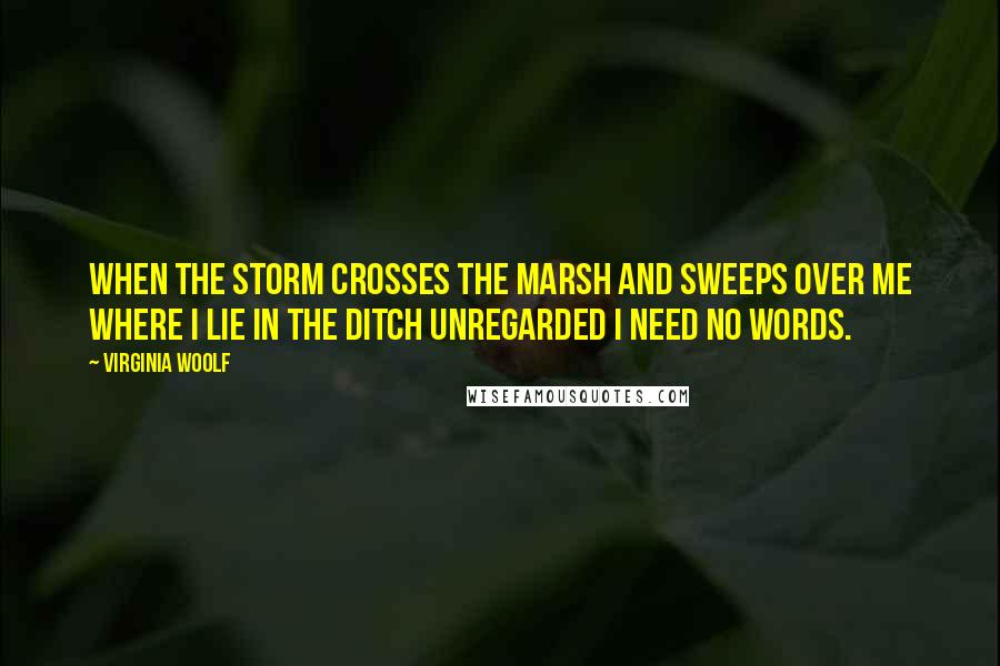 Virginia Woolf Quotes: When the storm crosses the marsh and sweeps over me where I lie in the ditch unregarded I need no words.