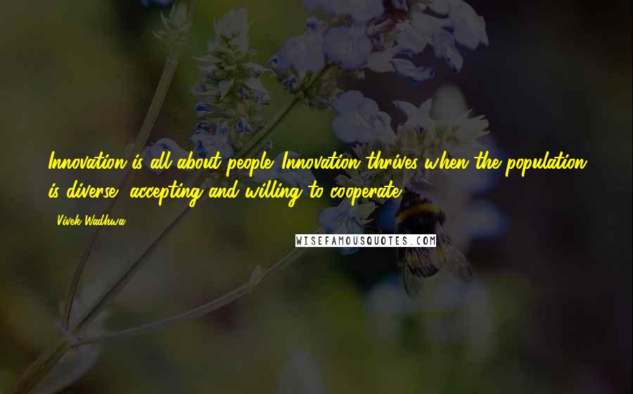 Vivek Wadhwa Quotes: Innovation is all about people. Innovation thrives when the population is diverse, accepting and willing to cooperate.