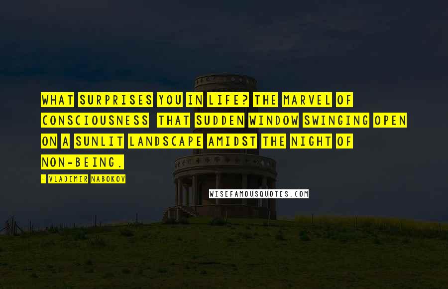 Vladimir Nabokov Quotes: What surprises you in life? The marvel of consciousness  that sudden window swinging open on a sunlit landscape amidst the night of non-being.