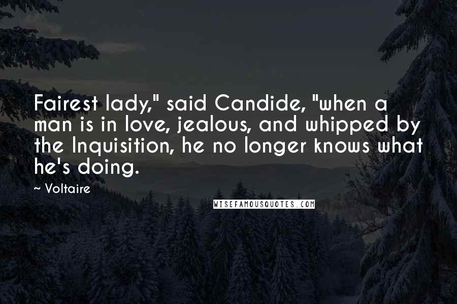 Voltaire Quotes: Fairest lady," said Candide, "when a man is in love, jealous, and whipped by the Inquisition, he no longer knows what he's doing.