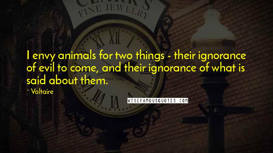 Voltaire Quotes: I envy animals for two things - their ignorance of evil to come, and their ignorance of what is said about them.