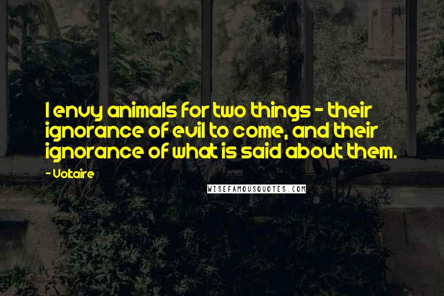 Voltaire Quotes: I envy animals for two things - their ignorance of evil to come, and their ignorance of what is said about them.