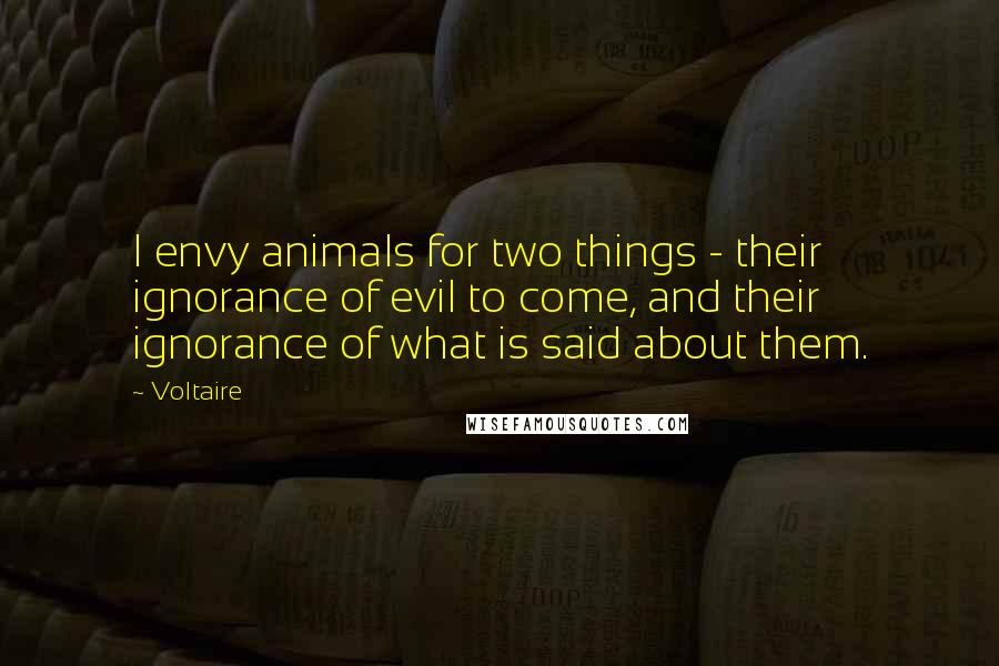 Voltaire Quotes: I envy animals for two things - their ignorance of evil to come, and their ignorance of what is said about them.