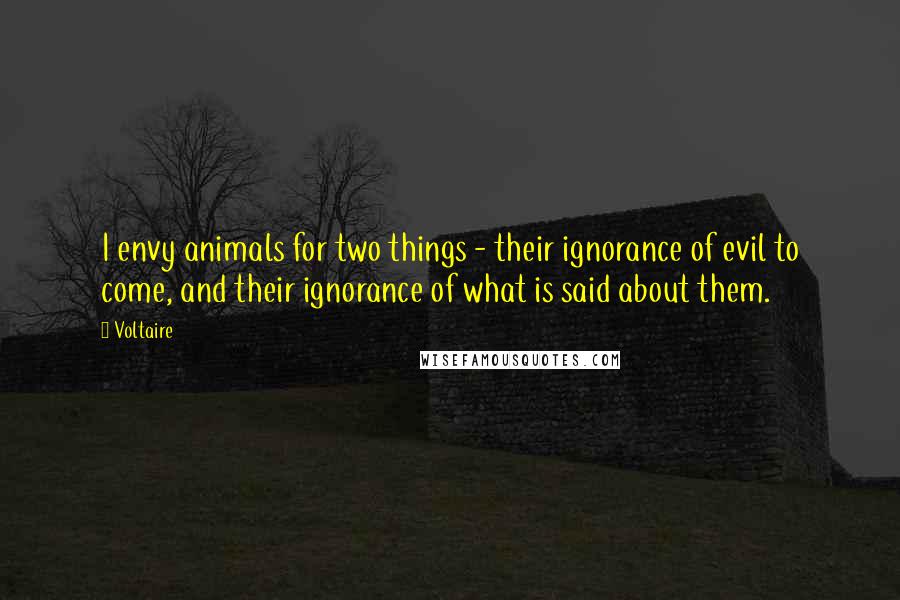 Voltaire Quotes: I envy animals for two things - their ignorance of evil to come, and their ignorance of what is said about them.