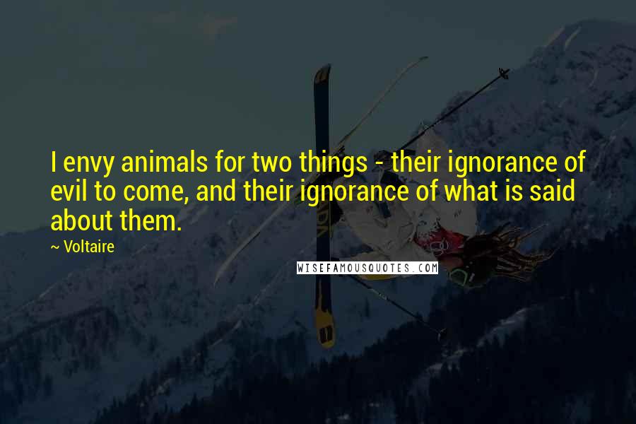Voltaire Quotes: I envy animals for two things - their ignorance of evil to come, and their ignorance of what is said about them.