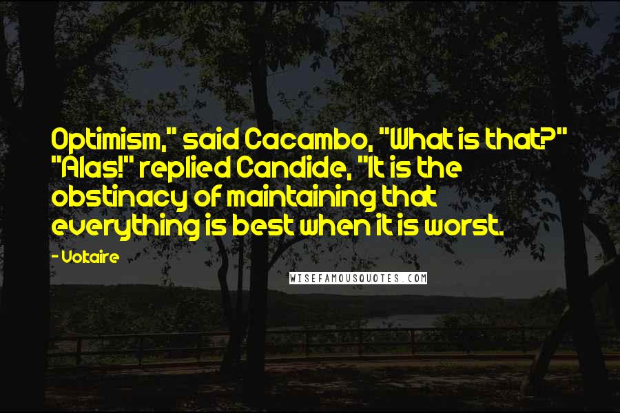 Voltaire Quotes: Optimism," said Cacambo, "What is that?" "Alas!" replied Candide, "It is the obstinacy of maintaining that everything is best when it is worst.