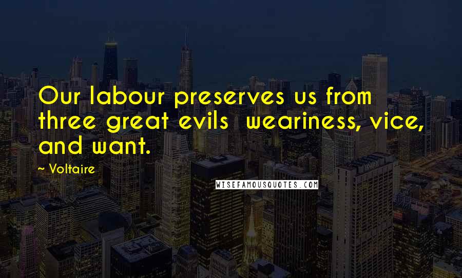 Voltaire Quotes: Our labour preserves us from three great evils  weariness, vice, and want.