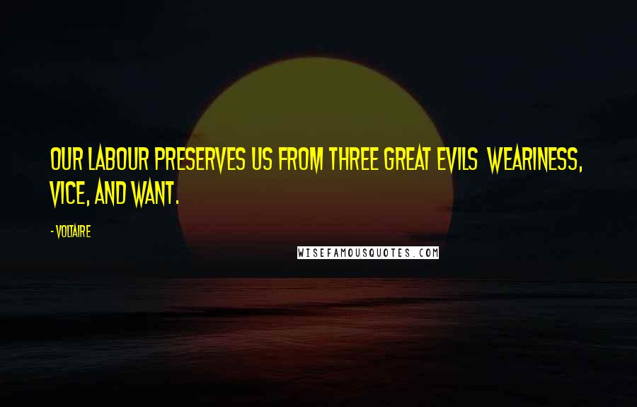 Voltaire Quotes: Our labour preserves us from three great evils  weariness, vice, and want.