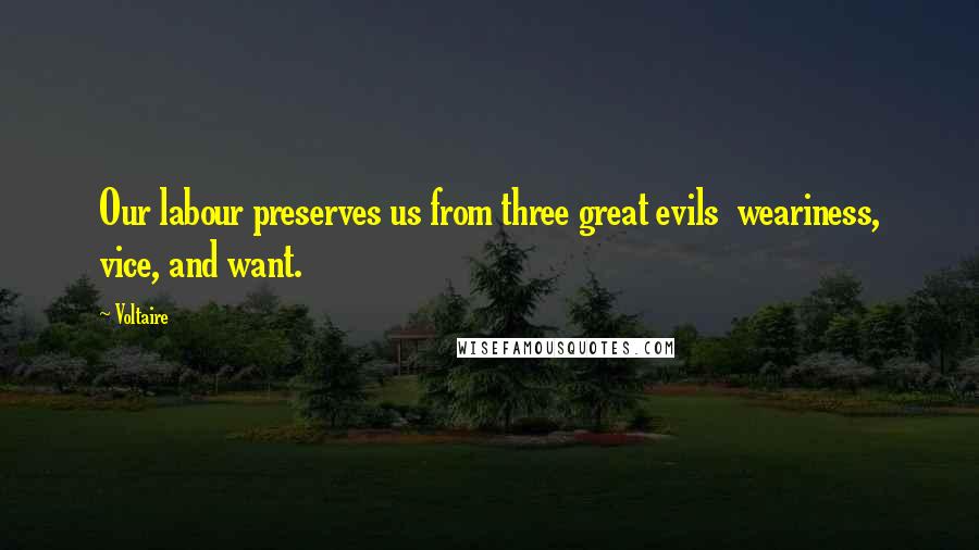 Voltaire Quotes: Our labour preserves us from three great evils  weariness, vice, and want.