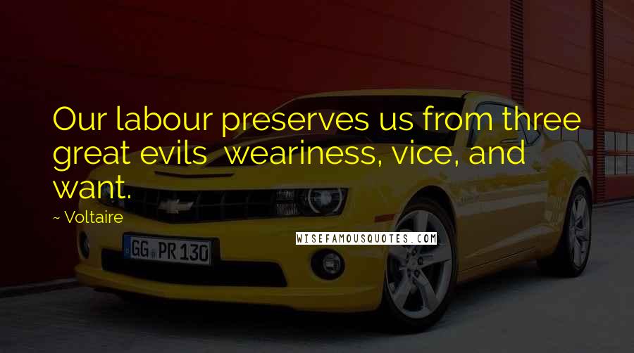 Voltaire Quotes: Our labour preserves us from three great evils  weariness, vice, and want.