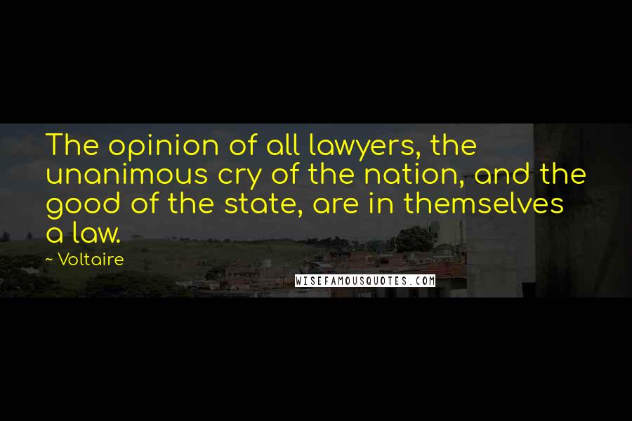 Voltaire Quotes: The opinion of all lawyers, the unanimous cry of the nation, and the good of the state, are in themselves a law.