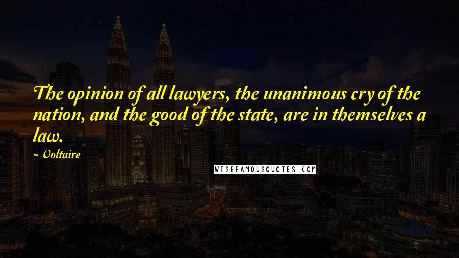 Voltaire Quotes: The opinion of all lawyers, the unanimous cry of the nation, and the good of the state, are in themselves a law.