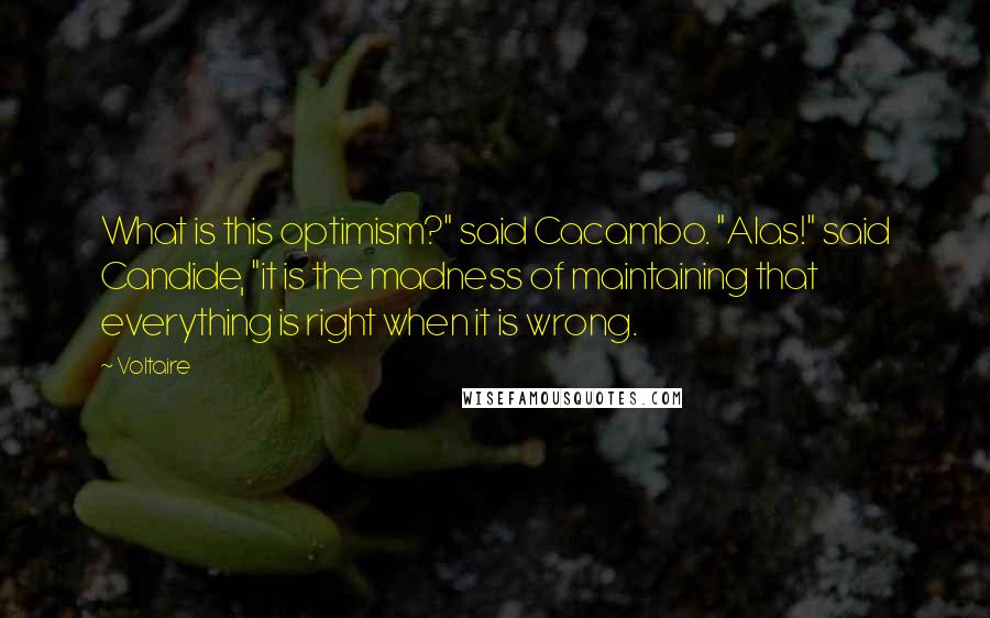 Voltaire Quotes: What is this optimism?" said Cacambo. "Alas!" said Candide, "it is the madness of maintaining that everything is right when it is wrong.