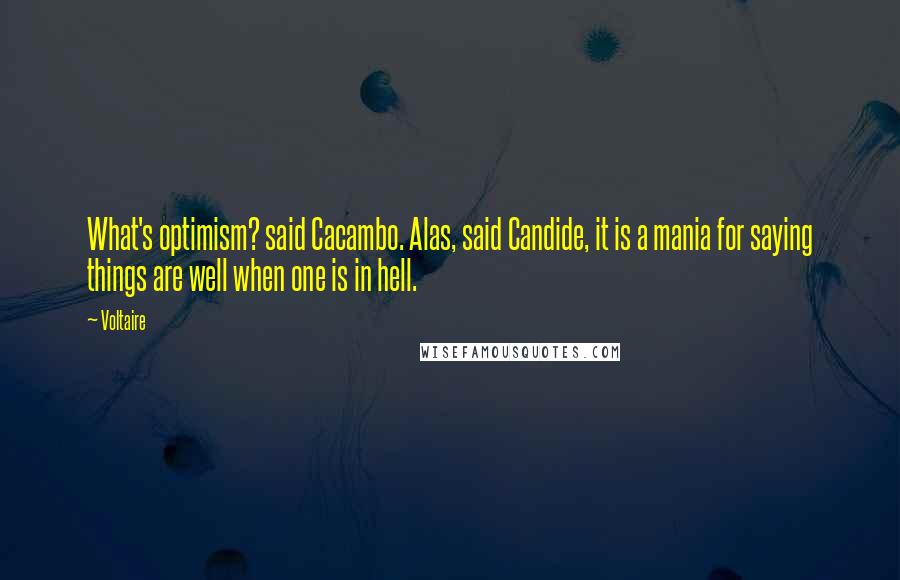 Voltaire Quotes: What's optimism? said Cacambo. Alas, said Candide, it is a mania for saying things are well when one is in hell.