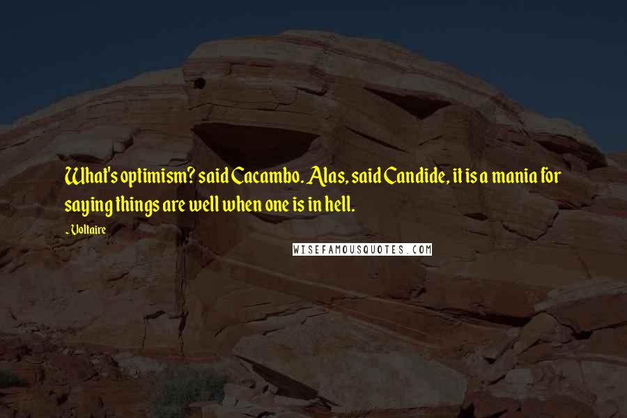 Voltaire Quotes: What's optimism? said Cacambo. Alas, said Candide, it is a mania for saying things are well when one is in hell.