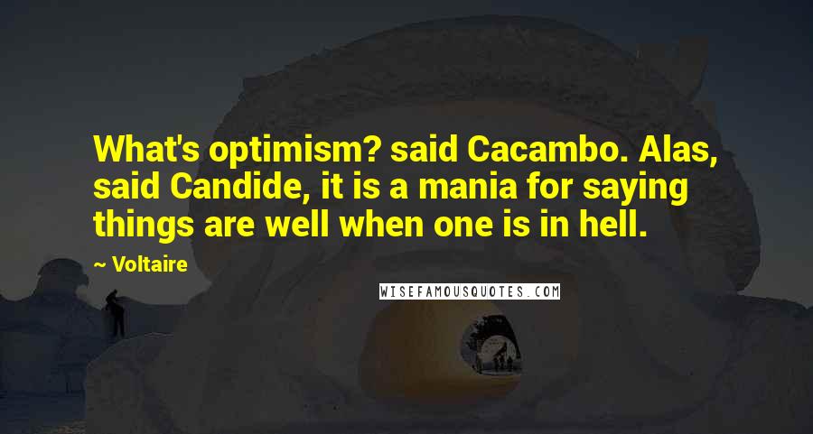 Voltaire Quotes: What's optimism? said Cacambo. Alas, said Candide, it is a mania for saying things are well when one is in hell.