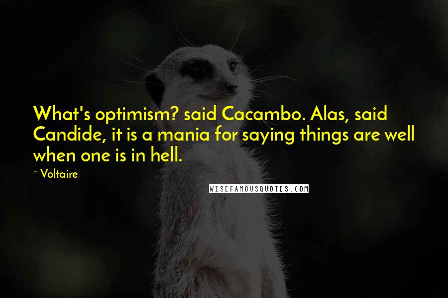 Voltaire Quotes: What's optimism? said Cacambo. Alas, said Candide, it is a mania for saying things are well when one is in hell.