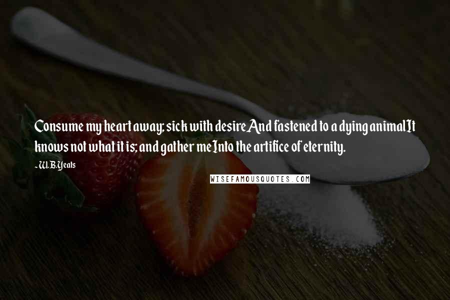 W.B.Yeats Quotes: Consume my heart away; sick with desireAnd fastened to a dying animalIt knows not what it is; and gather meInto the artifice of eternity.