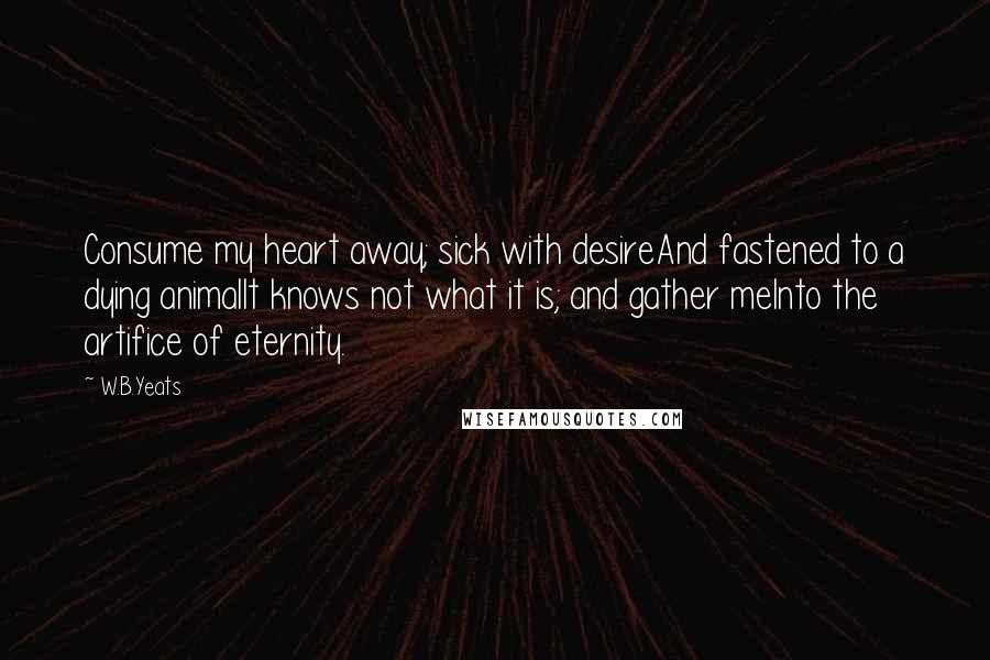 W.B.Yeats Quotes: Consume my heart away; sick with desireAnd fastened to a dying animalIt knows not what it is; and gather meInto the artifice of eternity.