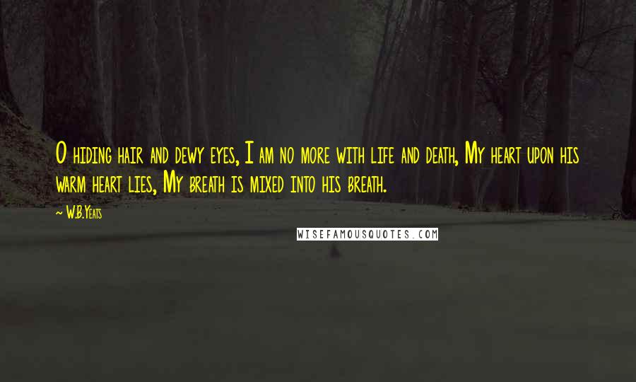 W.B.Yeats Quotes: O hiding hair and dewy eyes, I am no more with life and death, My heart upon his warm heart lies, My breath is mixed into his breath.