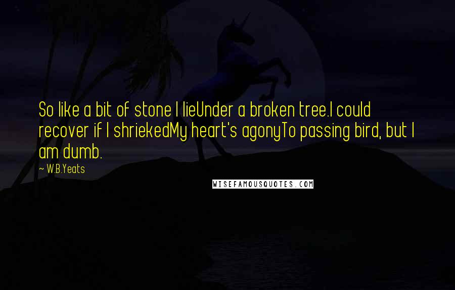 W.B.Yeats Quotes: So like a bit of stone I lieUnder a broken tree.I could recover if I shriekedMy heart's agonyTo passing bird, but I am dumb.